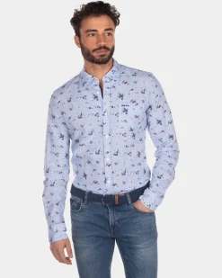 Bedrucktes Leinen-Baumwollhemd hellblau - Light Blue