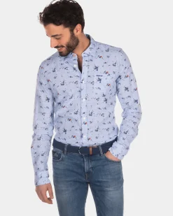 Bedrucktes Leinen-Baumwollhemd hellblau - Light Blue