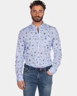 Bedrucktes Leinen-Baumwollhemd hellblau - Light Blue