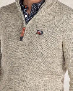 Beigefarbener Baumwollpullover mit halbem Reißverschluss - Sahara Sand