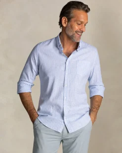 Blau gestreiftes Leinenhemd mit Knopfleiste