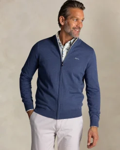 Blaue halbzip-strickjacke aus baumwolle