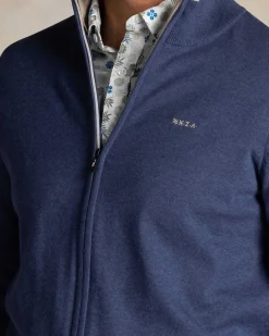 Blaue halbzip-strickjacke aus baumwolle