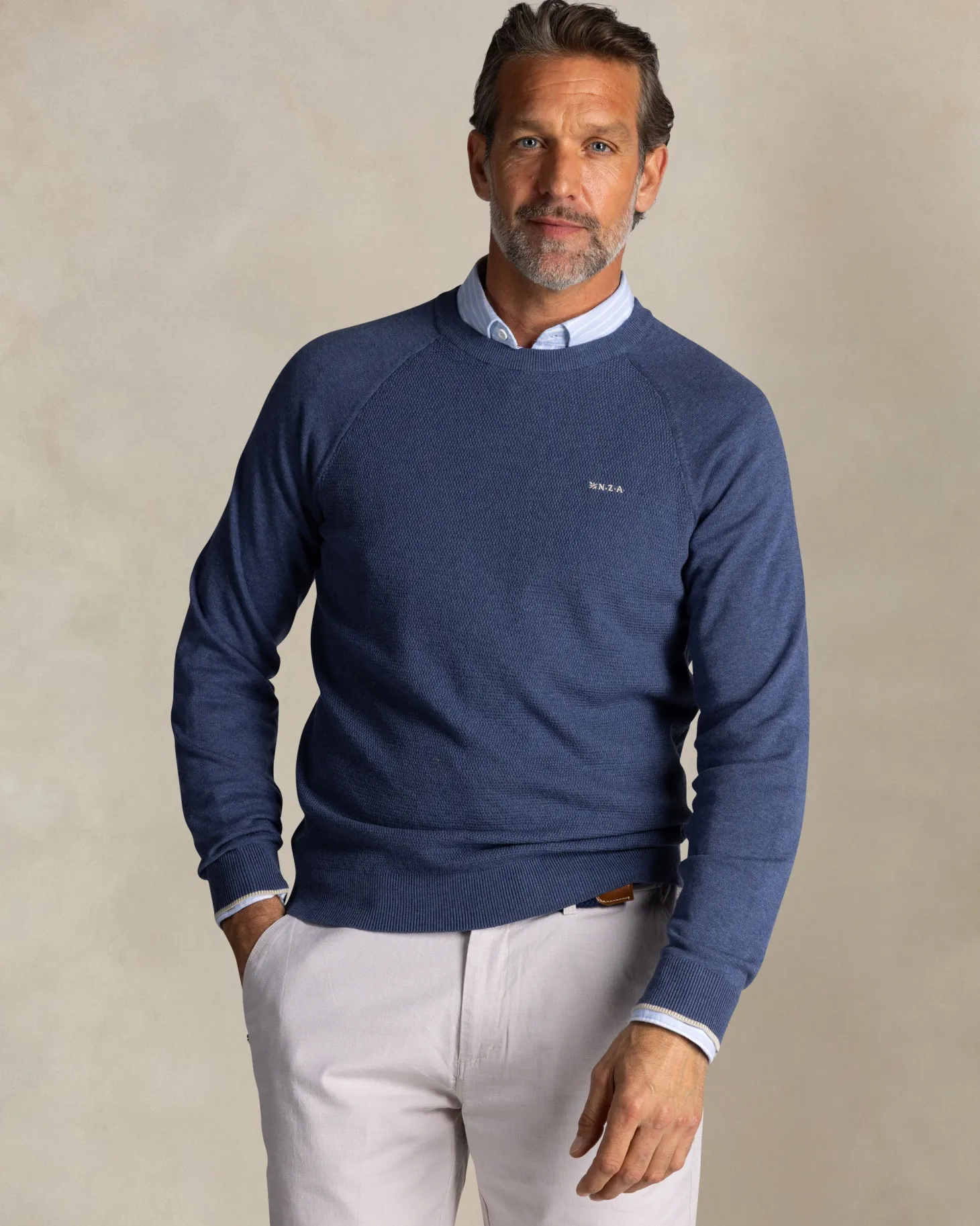 Blauer Baumwollpullover mit Rundhalsausschnitt