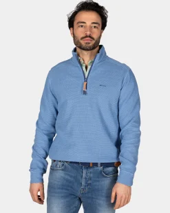 Blauer Pullover aus Baumwolle mit halbem Reißverschluss
