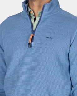 Blauer Pullover aus Baumwolle mit halbem Reißverschluss