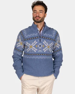 Blauer Pullover mit halbem Reißverschluss und buntem Muster - Mineral Blue