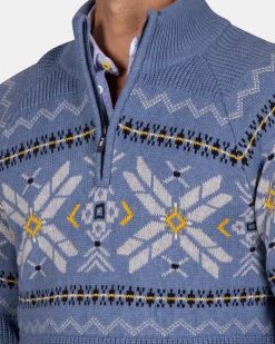 Blauer Pullover mit halbem Reißverschluss und buntem Muster - Mineral Blue