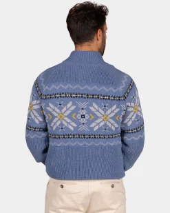 Blauer Pullover mit halbem Reißverschluss und buntem Muster - Mineral Blue