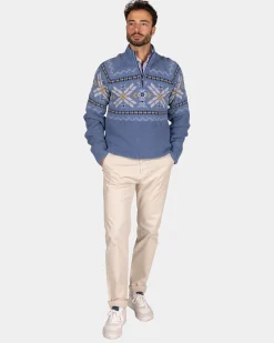 Blauer Pullover mit halbem Reißverschluss und buntem Muster - Mineral Blue