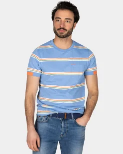 Blaues T-Shirt mit orangefarbenen und weißen Streifen