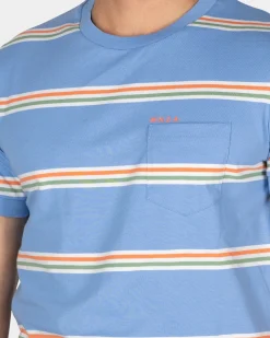 Blaues T-Shirt mit orangefarbenen und weißen Streifen