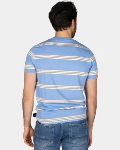 Blaues T-Shirt mit orangefarbenen und weißen Streifen