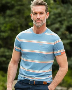 Blaues T-Shirt mit orangefarbenen und weißen Streifen