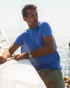 Blaues unifarbenes Baumwoll-T-Shirt mit Rundhalsausschnitt