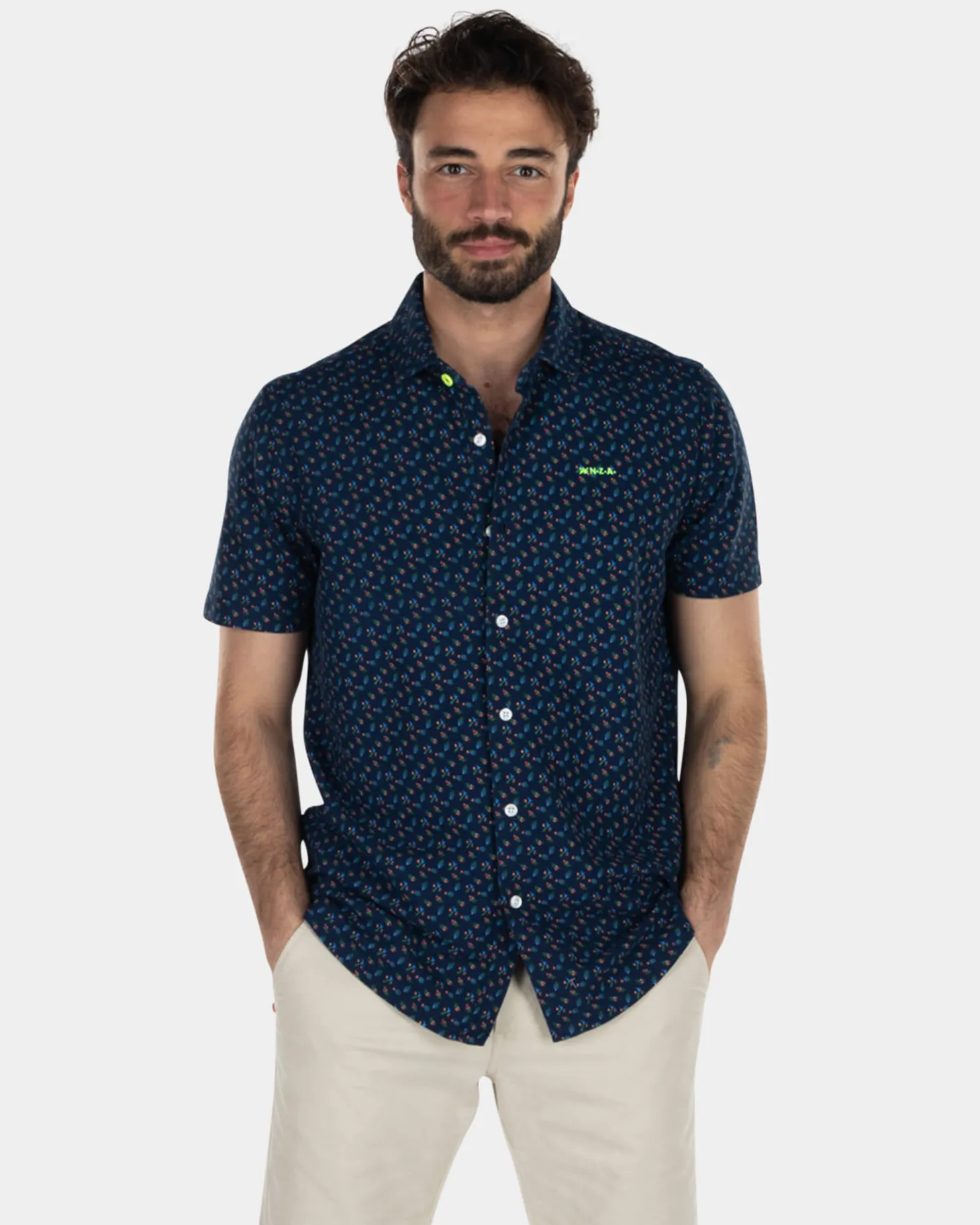 Dunkelblaues bedrucktes Hemd mit kurzen Ärmeln - High Summer Navy