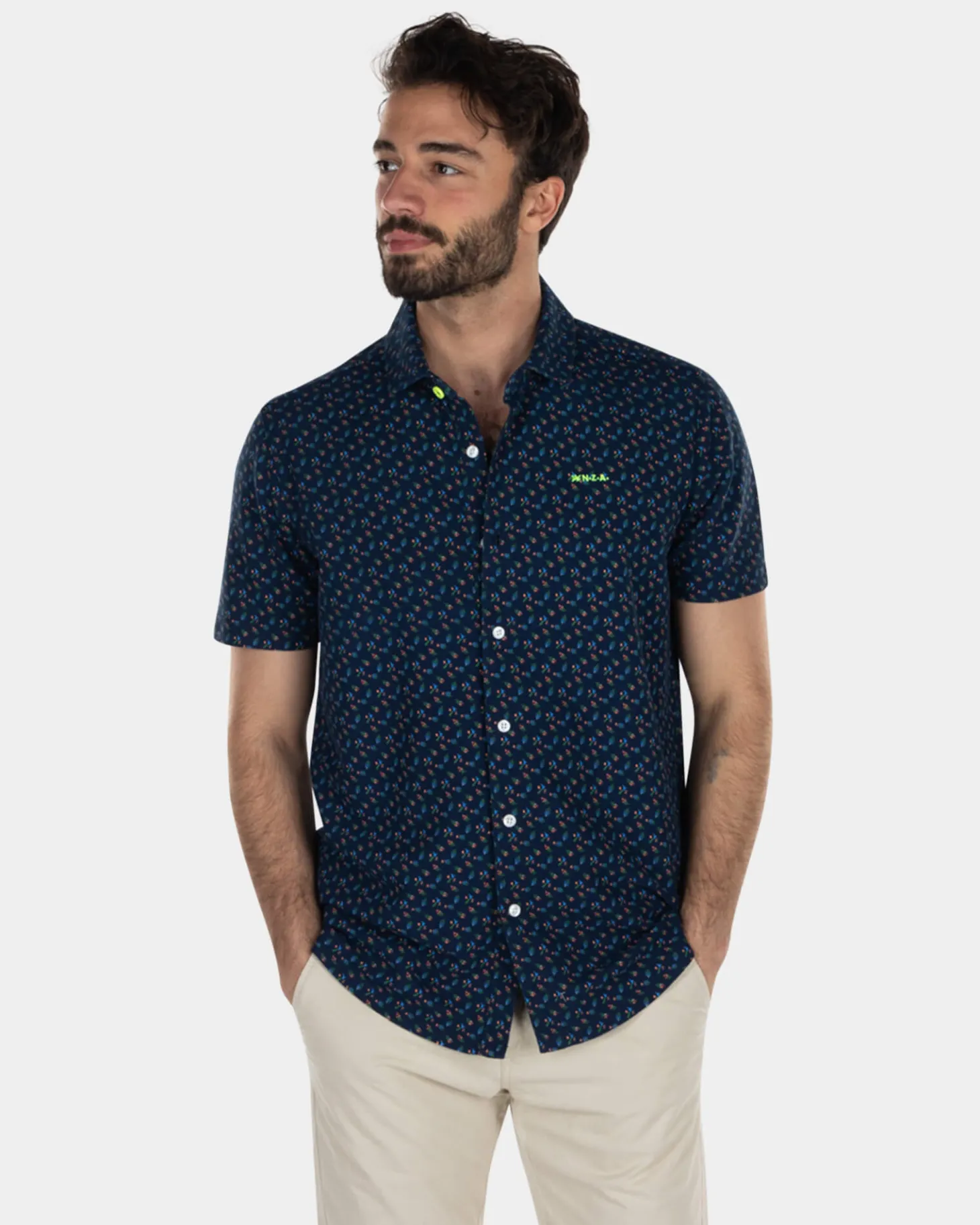 Dunkelblaues bedrucktes Hemd mit kurzen Ärmeln - High Summer Navy