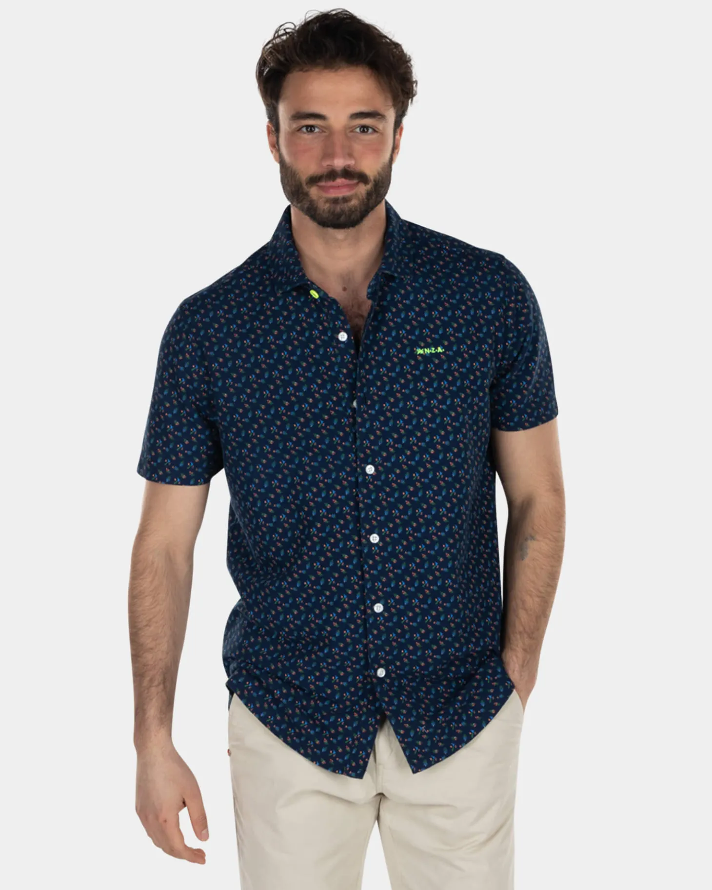 Dunkelblaues bedrucktes Hemd mit kurzen Ärmeln - High Summer Navy