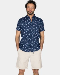 Dunkelblaues Hemd mit Print und kurzen Ärmeln