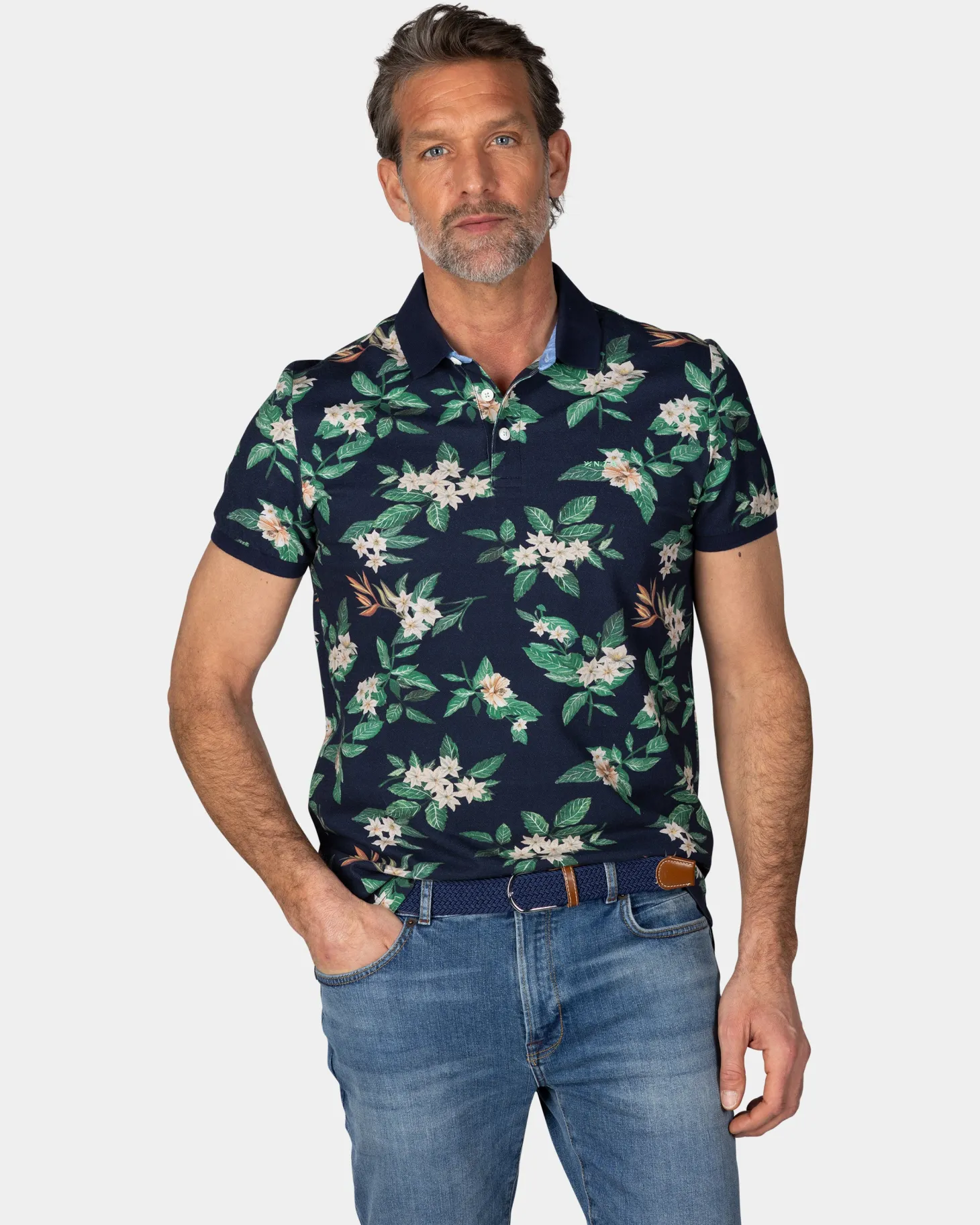 Dunkelblaues Poloshirt mit Blumenmuster