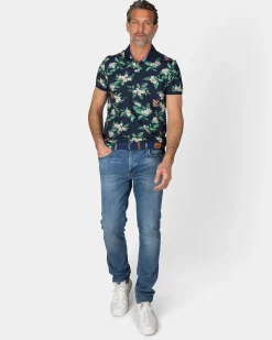Dunkelblaues Poloshirt mit Blumenmuster