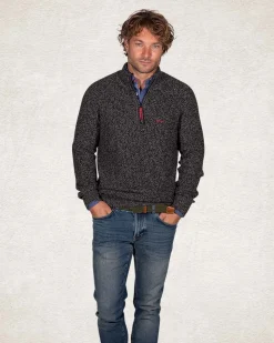 Einfarbiger Baumwollpullover mit halbem Reißverschluss - Smoked Green