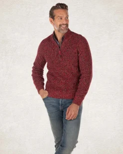 Einfarbiger Baumwollpullover mit halbem Reißverschluss - Carmine red