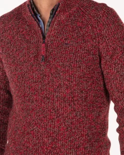 Einfarbiger Baumwollpullover mit halbem Reißverschluss - Carmine red