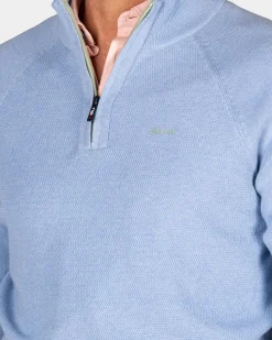 Einfarbiger hellblauer Baumwollpullover mit halbem Reißverschluss