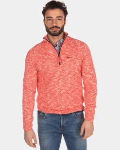 Einfarbiger Pullover mit halbem Reißverschluss - Orange Red