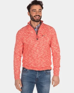 Einfarbiger Pullover mit halbem Reißverschluss - Orange Red