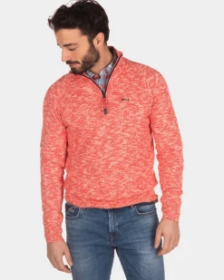 Einfarbiger Pullover mit halbem Reißverschluss - Orange Red