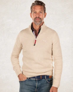 Einfarbiger Pullover mit halbem Reißverschluss - Milky Ecru