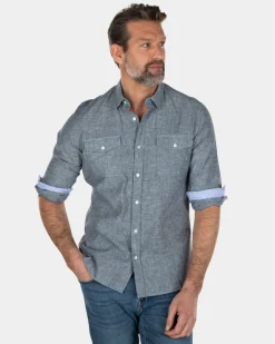 Einfarbiges Leinenhemd aus Baumwolle - Key Navy