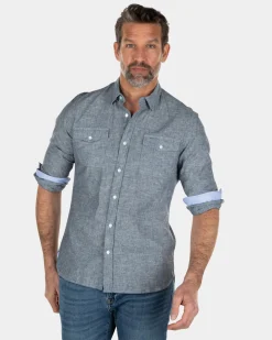 Einfarbiges Leinenhemd aus Baumwolle - Key Navy