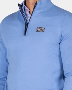 Feinstrick blauer Pullover mit halbem Reißverschluss - Frozen Blue