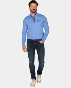 Feinstrick blauer Pullover mit halbem Reißverschluss - Frozen Blue