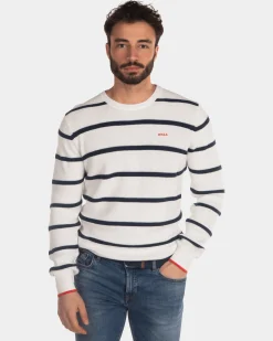 Gestreifter Pullover mit Rundhalsausschnitt ecru schwarz - Dusty Ecru