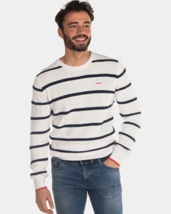 Gestreifter Pullover mit Rundhalsausschnitt ecru schwarz - Dusty Ecru