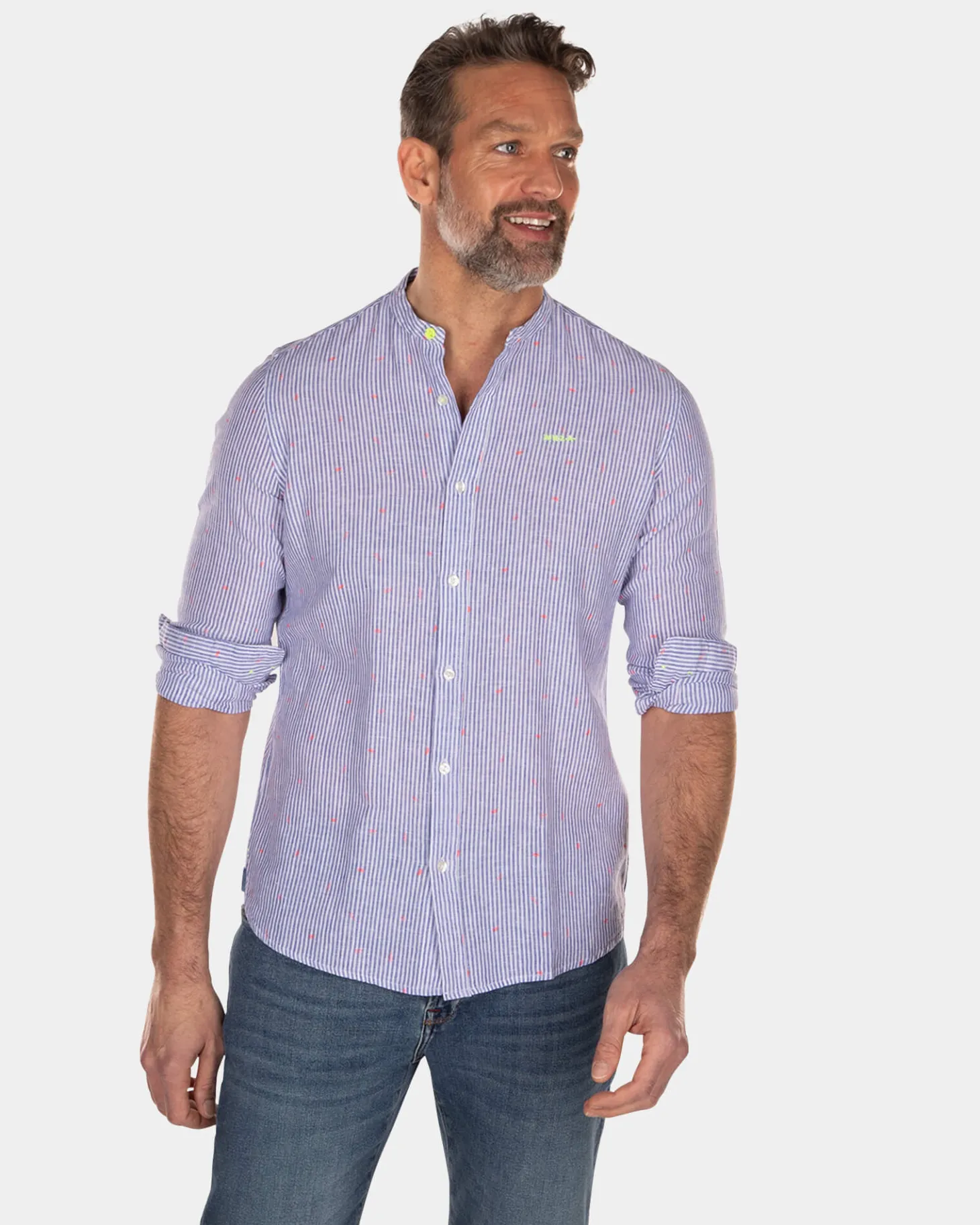 Gestreiftes, kragenloses Hemd - Light Blue