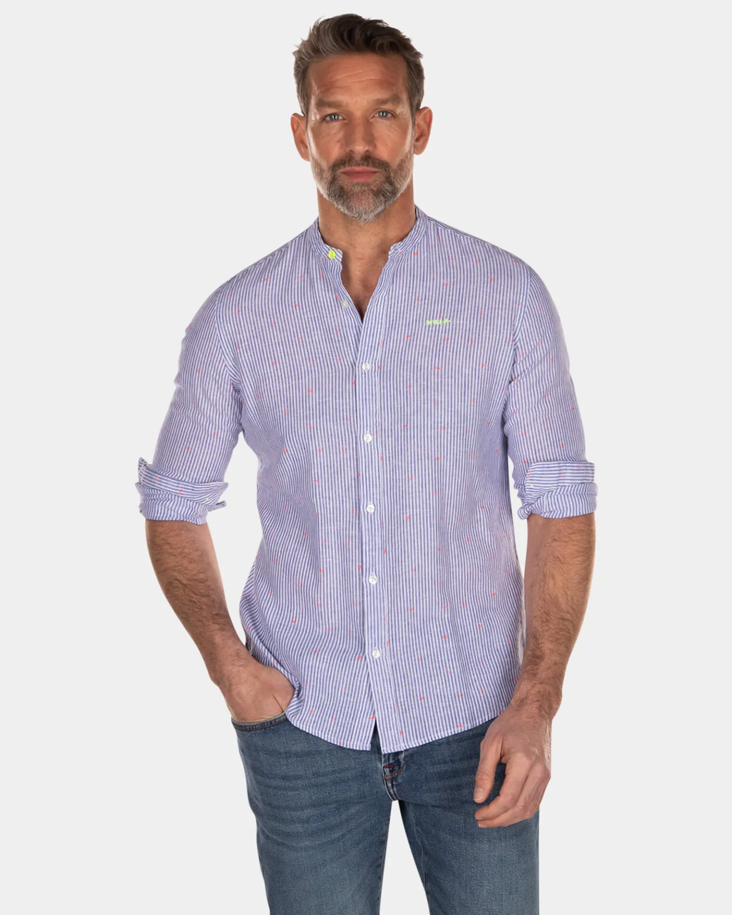 Gestreiftes, kragenloses Hemd - Light Blue