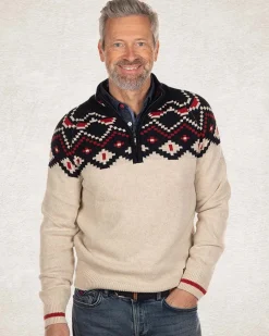 Gestrickte pullover mit halbem Reißverschluss und Akzentfarben - Milky Ecru