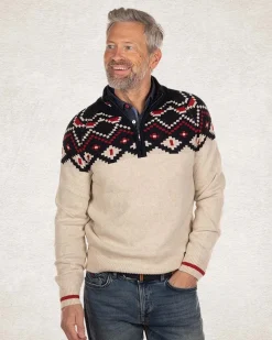 Gestrickte pullover mit halbem Reißverschluss und Akzentfarben - Milky Ecru