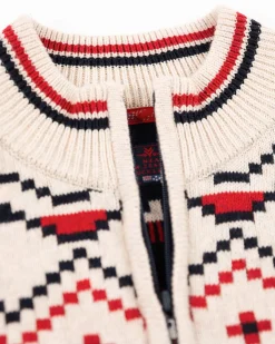 Gestrickte pullover mit halbem Reißverschluss und Akzentfarben - Milky Ecru