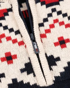 Gestrickte pullover mit halbem Reißverschluss und Akzentfarben - Milky Ecru