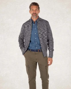 Grauer, gerippter Baumwoll-Strickjacke