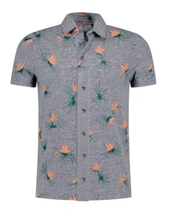 Graues Hemd mit kurzen Ärmeln und rosa Blumenmuster