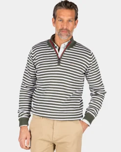 Grüne gestreifte Langarmpolo mit halbem Reißverschluss