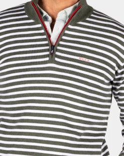Grüne gestreifte Langarmpolo mit halbem Reißverschluss