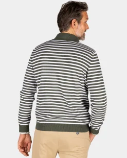 Grüne gestreifte Langarmpolo mit halbem Reißverschluss